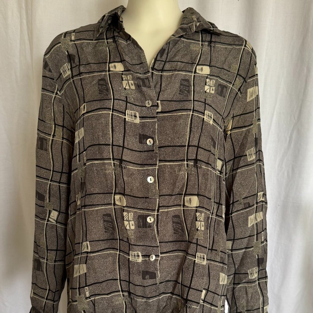 Vintage 1990s Allison Taylor Petite Silk Black & White Graphic Button Up